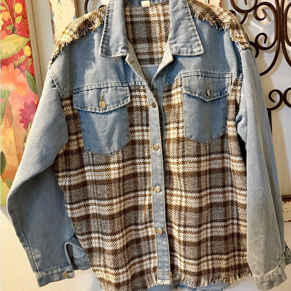 Chic Blue and Brown Plaid Jean Jacket